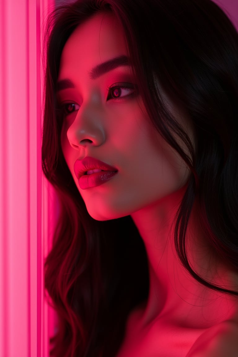 




pretty woman, graphics interesting creative effect, hot pink and black color theme, light skin, red cheeks, , pink lips, glossy shiny reflective lips, long straight hair, looking aside