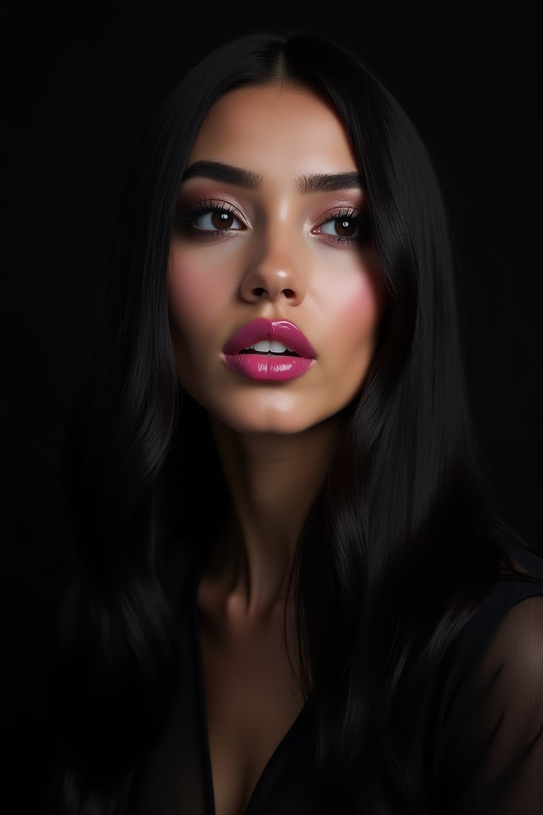 




pretty woman, graphics interesting creative effect, black dark color theme, light skin, , , pink lips, glossy shiny reflective lips, long straight hair