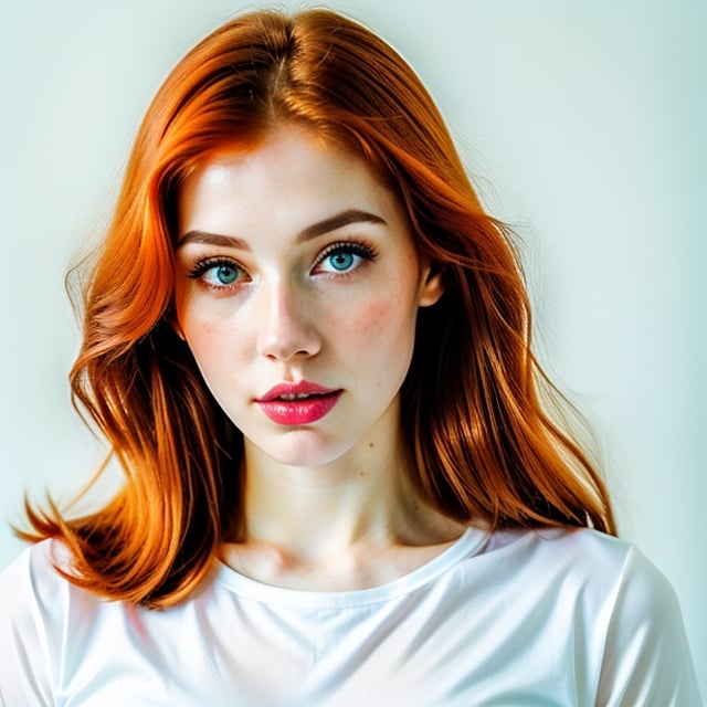 woman, beautiful face, perfect face, colorful eyes fully redhead ginger hair, pale white skin, sexy marks, perfect, fully white abstract background, shiny pink accessories, red theme, best quality, clear texture, details, canon eos 80d photo, light makeup, (very big boobs in tight shirt: 1.0)