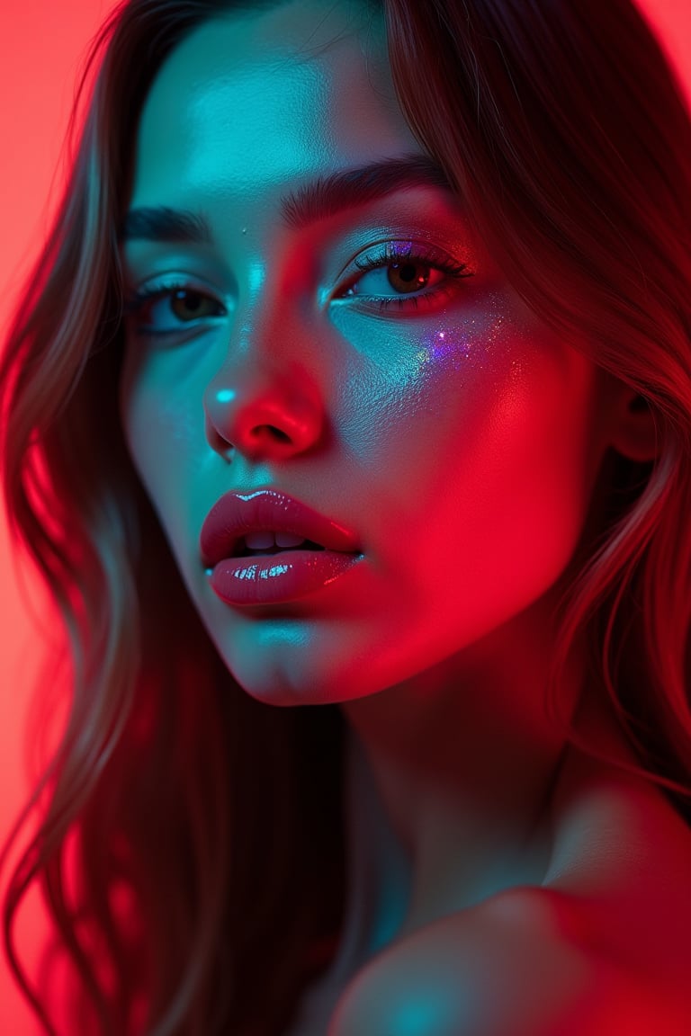 





pretty woman, graphics interesting creative effect, dark red green neon lights theme, pink lips, glossy shiny reflective lips, long straight hair, snow white skin 