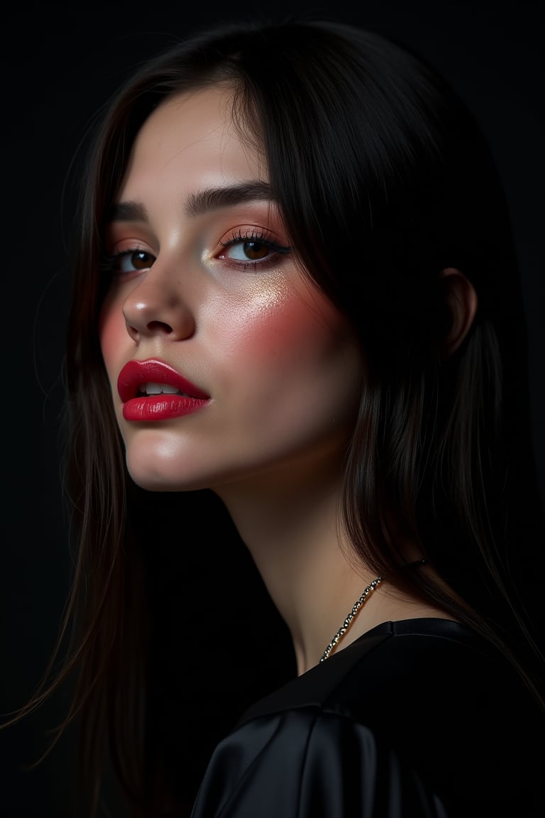 




pretty woman, graphics interesting creative effect, black dark color theme, light skin, red cheeks, , pink lips, glossy shiny reflective lips, long straight hair, looking aside