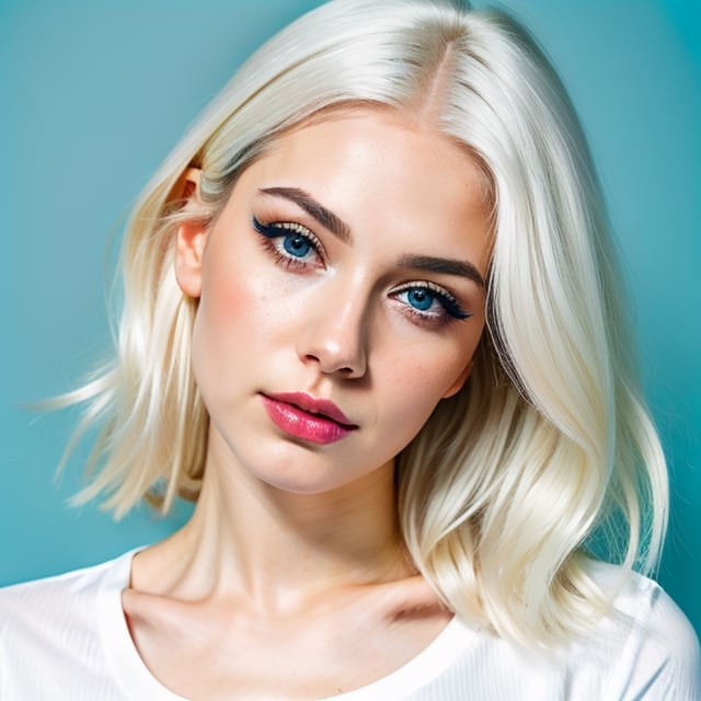 woman, beautiful face, perfect face, colorful eyes fully white hair, pale white skin, sexy marks, perfect, fully white abstract background, shiny blue accessories, blue theme, best quality, clear texture, details, canon eos 80d photo, light makeup, (very big boobs in tight shirt: 1.0)