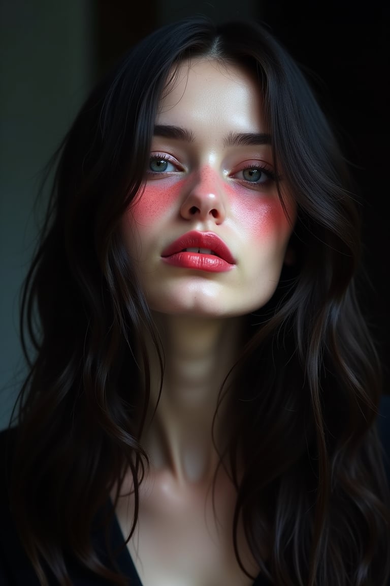 




pretty woman, graphics interesting creative effect, black dark color theme, light skin, red cheeks, , pink lips, glossy shiny reflective lips, long straight hair, snow white skin 