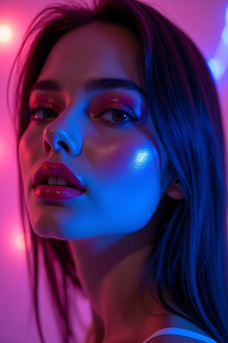 





pretty woman, graphics interesting creative effect, dark pink blue neon lights theme, pink lips, glossy shiny reflective lips, long straight hair, snow white skin 