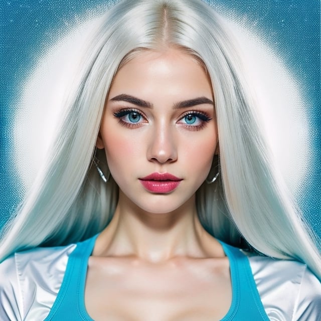 woman, beautiful face, perfect face, colorful eyes fully white hair, pale white skin, sexy marks, perfect, fully white abstract background, shiny blue accessories, blue theme, best quality, clear texture, details, canon eos 80d photo, light makeup, (very big boobs in tight shirt: 1.0)