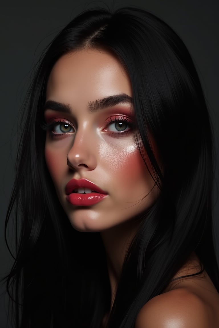 




pretty woman, graphics interesting creative effect, black dark color theme, light skin, red cheeks, , pink lips, glossy shiny reflective lips, long straight hair