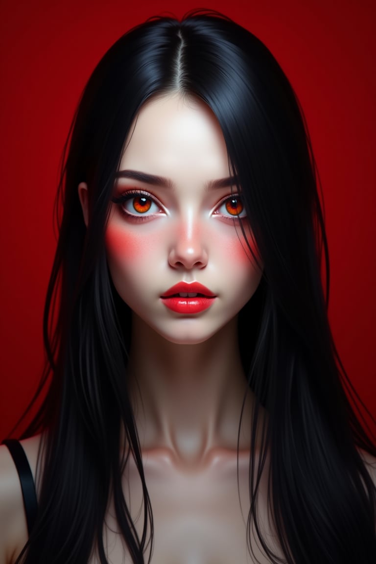 




pretty woman, sleek straight hair, black red background, white skin, long hair, colorful eyes, red cheeks, snow white skin