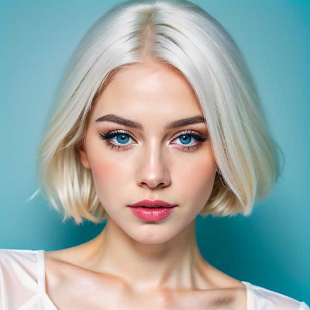 woman, beautiful face, perfect face, colorful eyes fully white hair, pale white skin, sexy marks, perfect, fully white abstract background, shiny blue accessories, blue theme, best quality, clear texture, details, canon eos 80d photo, light makeup, (very big boobs in tight shirt: 1.0)