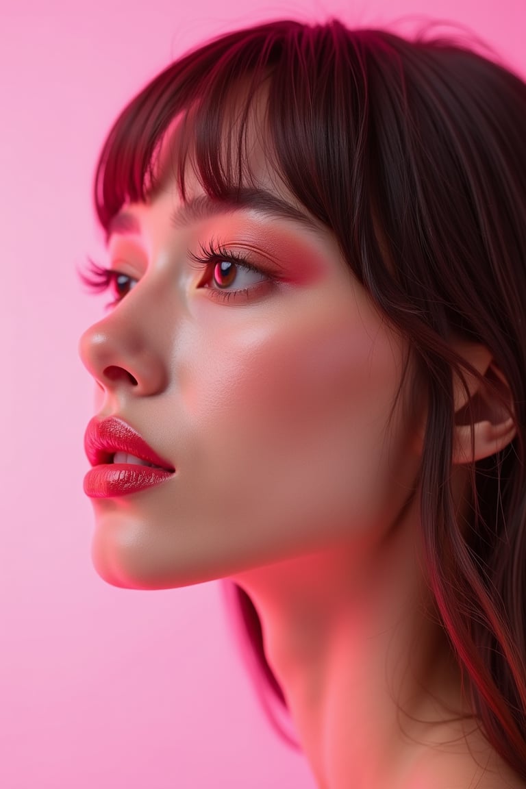 




pretty woman, graphics interesting creative effect, pink-background only, light skin, red cheeks, , pink lips, glossy shiny reflective lips, long straight hair, looking aside