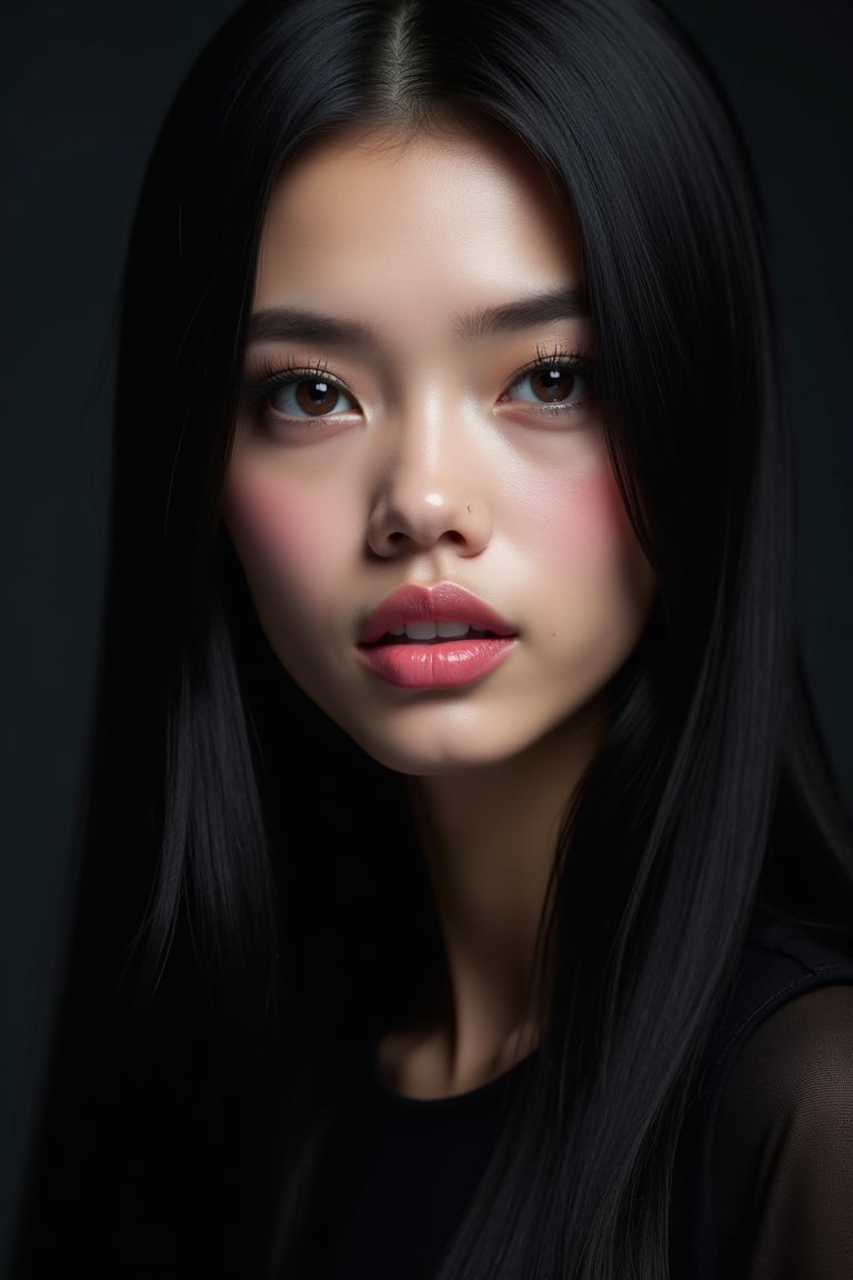 




pretty woman, graphics interesting creative effect, black dark color theme, light skin, , , pink lips, glossy shiny reflective lips, long straight hair, snow white skin