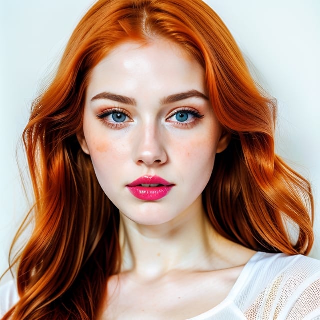 woman, beautiful face, perfect face, colorful eyes fully redhead ginger hair, pale white skin, sexy marks, perfect, fully white abstract background, shiny pink accessories, red theme, best quality, clear texture, details, canon eos 80d photo, light makeup, (very big boobs in tight shirt: 1.0)