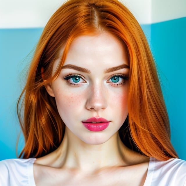 woman, beautiful face, perfect face, colorful eyes fully redhead ginger hair, pale white skin, sexy marks, perfect, fully white abstract background, shiny blue accessories, blue theme, best quality, clear texture, details, canon eos 80d photo, light makeup, (very big boobs in tight shirt: 1.0)