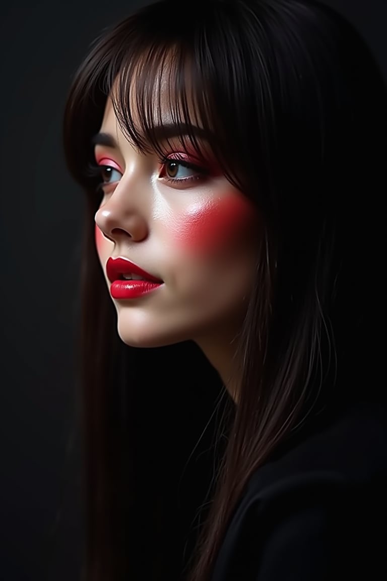 




pretty woman, graphics interesting creative effect, black dark color theme, light skin, red cheeks, , pink lips, glossy shiny reflective lips, long straight hair, looking aside