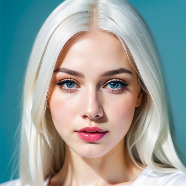 woman, beautiful face, perfect face, colorful eyes fully white hair, pale white skin, sexy marks, perfect, fully white abstract background, shiny blue accessories, blue theme, best quality, clear texture, details, canon eos 80d photo, light makeup, (very big boobs in tight shirt: 1.0)