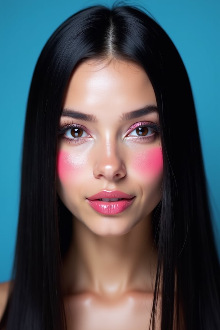 




pretty woman, western face marks, , blue-pink-background only, light skin, , , glossy pink lips, , long black hair, super straight hair, reflective hair, waist-up shot view