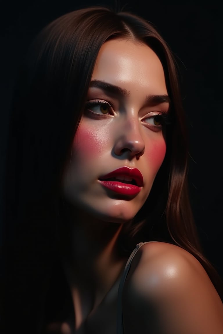 




pretty woman, graphics interesting creative effect, black dark color theme, light skin, red cheeks, , pink lips, glossy shiny reflective lips, long straight hair, looking aside