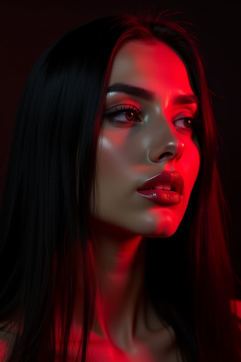 




pretty woman, graphics interesting creative effect, black dark red color theme, light skin, red cheeks, , pink lips, glossy shiny reflective lips, long straight hair, looking aside