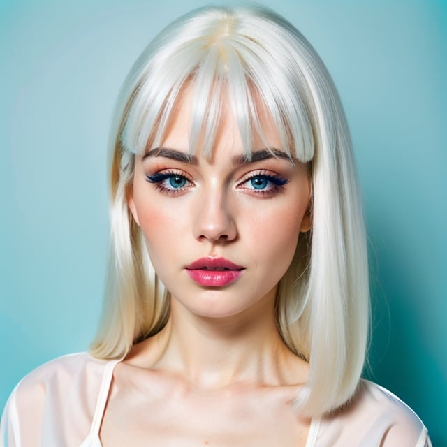 woman, beautiful face, perfect face, colorful eyes fully white hair, pale white skin, sexy marks, perfect, fully white abstract background, shiny blue accessories, blue theme, best quality, clear texture, details, canon eos 80d photo, light makeup, (very big boobs in tight shirt: 1.0)