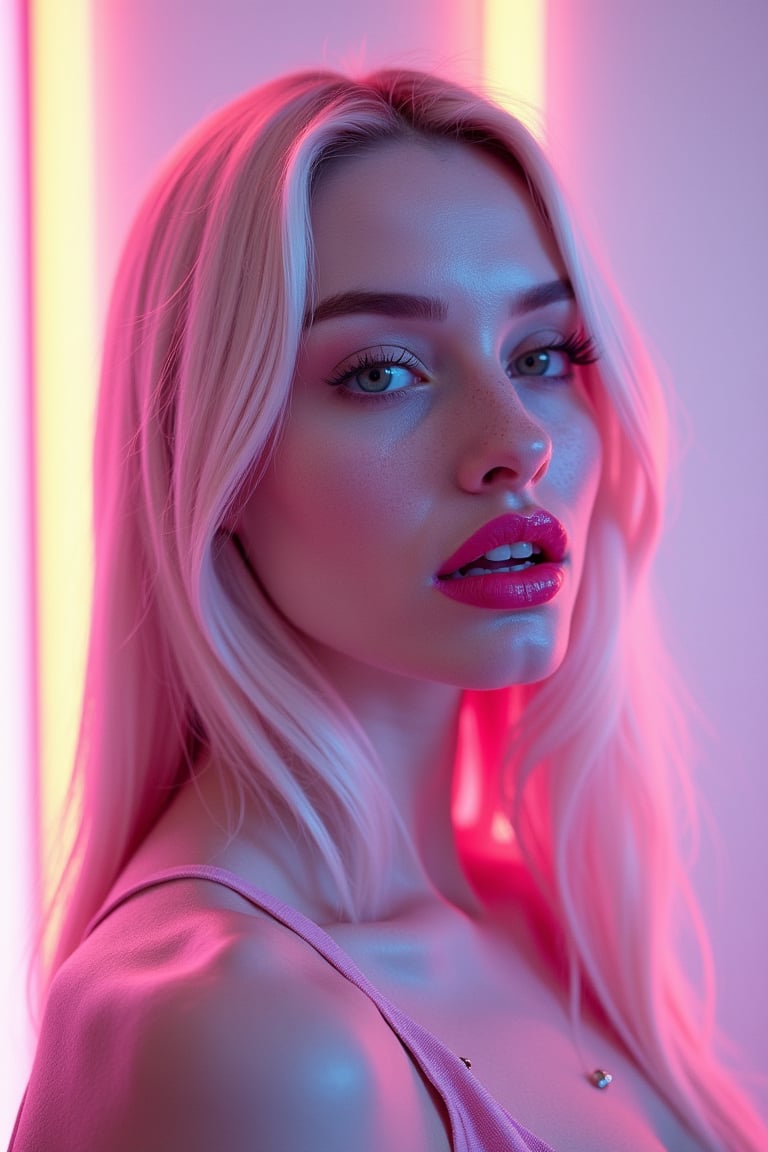 





pretty woman, graphics interesting creative effect, white neon background neon lights, pink lips, glossy shiny reflective lips, long straight hair, snow white skin