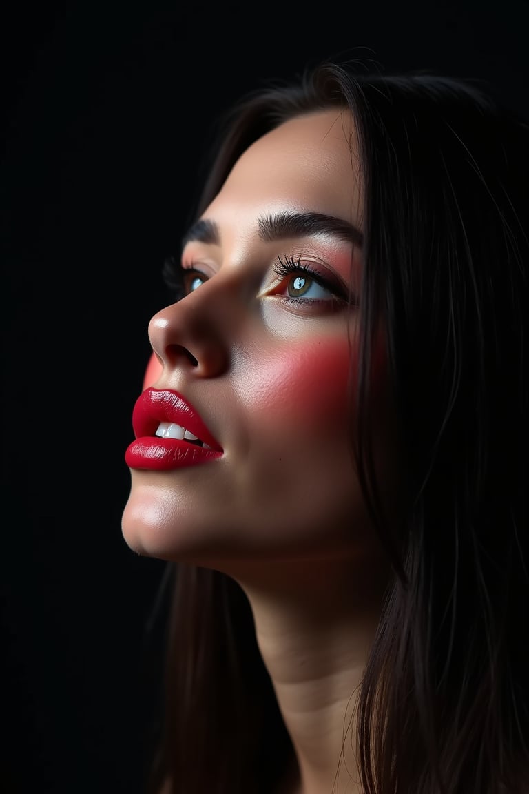 




pretty woman, graphics interesting creative effect, black dark color theme, light skin, red cheeks, , pink lips, glossy shiny reflective lips, long straight hair, looking aside