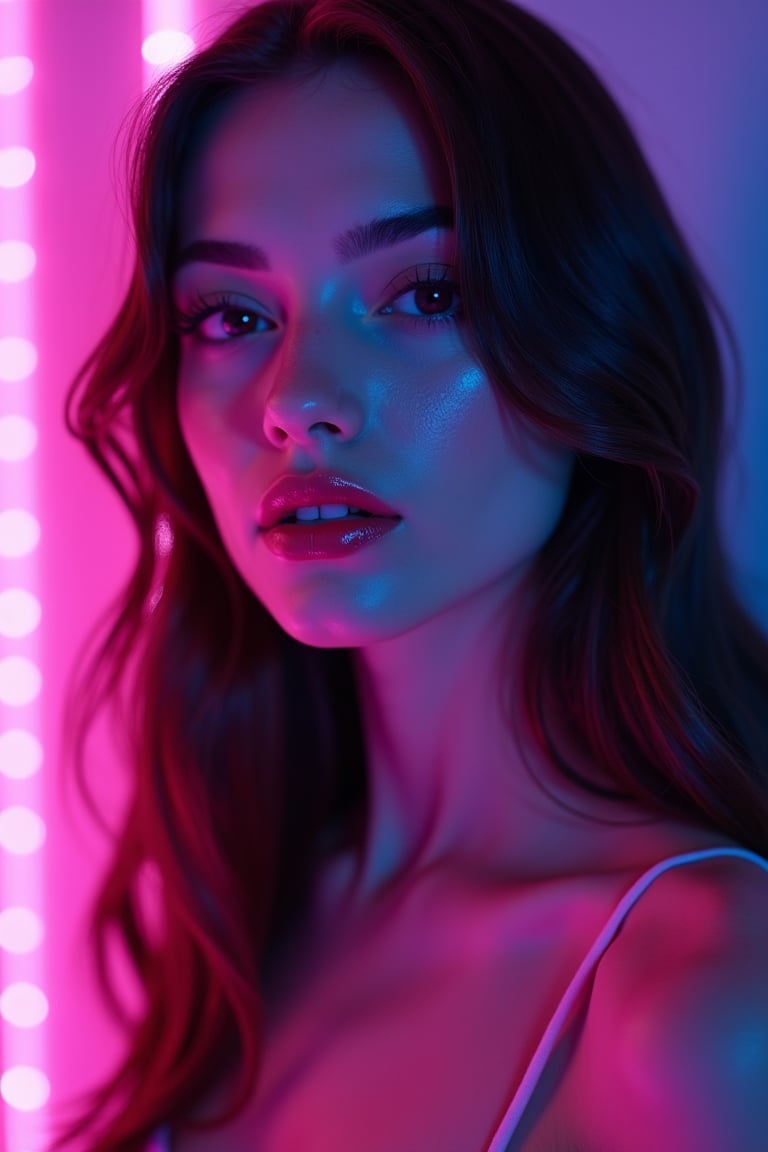 





pretty woman, graphics interesting creative effect, dark pink blue neon lights theme, pink lips, glossy shiny reflective lips, long straight hair, snow white skin 