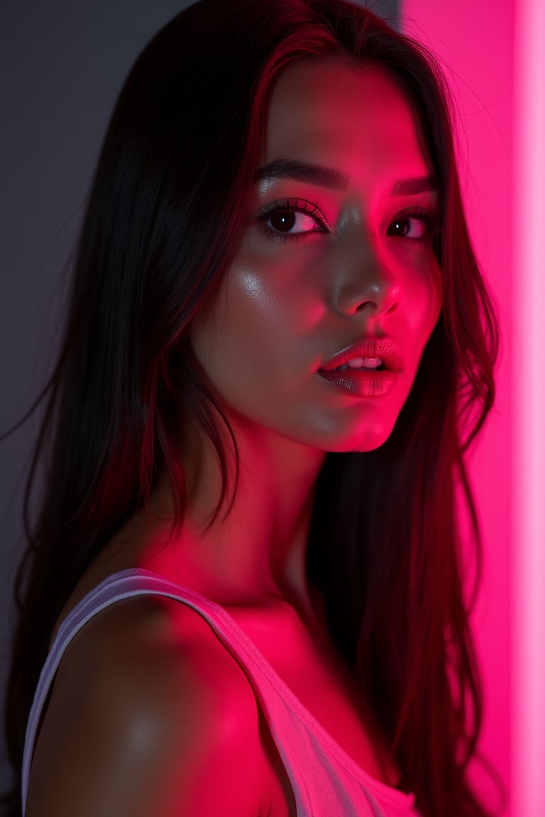 




pretty woman, graphics interesting creative effect, hot pink and black color theme, light skin, red cheeks, , pink lips, glossy shiny reflective lips, long straight hair, looking aside