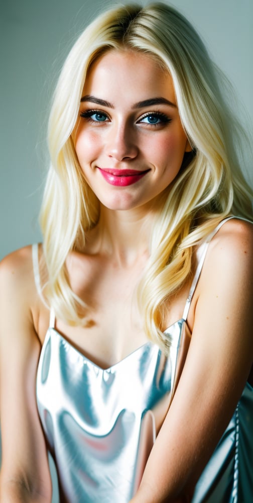 





woman , beautiful face, perfect face, blue eyes fully blonde yellow hair, pale white skin, sexy marks, perfect, abstract white and black background, shiny accessories, best quality, clear texture, details, canon eos 80d photo, very little light makeup, reflective costume, smile, upper body