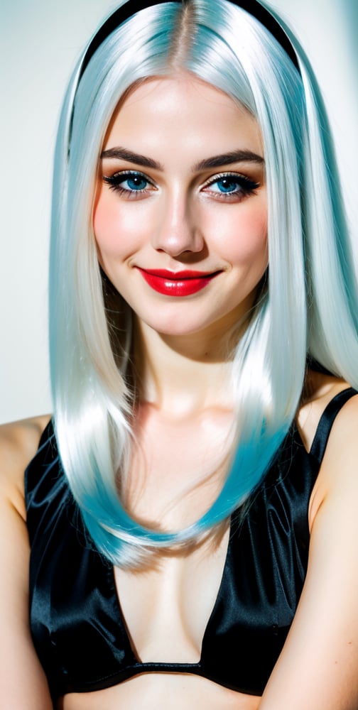 





woman , beautiful face, perfect face, blue eyes fully white hair, pale white skin, sexy marks, perfect, abstract white and black background, shiny accessories, best quality, clear texture, details, canon eos 80d photo, very little light makeup, reflective costume, smile, upper body