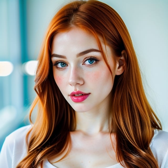 woman, beautiful face, perfect face, colorful eyes fully redhead ginger hair, pale white skin, sexy marks, perfect, fully white abstract background, shiny blue accessories, blue theme, best quality, clear texture, details, canon eos 80d photo, light makeup, (very big boobs in tight shirt: 1.0)