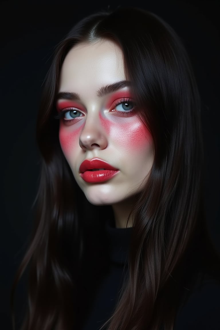 




pretty woman, graphics interesting creative effect, black dark color theme, light skin, red cheeks, , pink lips, glossy shiny reflective lips, long straight hair, snow white skin 