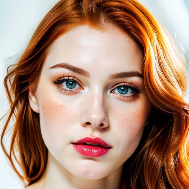 woman, beautiful face, perfect face, colorful eyes fully redhead ginger hair, pale white skin, sexy marks, perfect, fully white abstract background, shiny pink accessories, red theme, best quality, clear texture, details, canon eos 80d photo, light makeup, (very big boobs in tight shirt: 1.0)