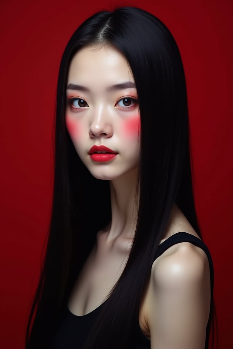 




pretty woman, sleek straight hair, black red background, white skin, long hair, colorful eyes, red cheeks, snow white skin