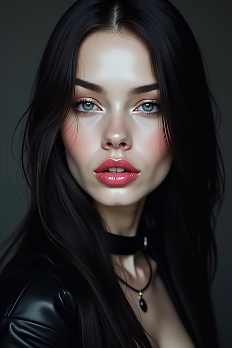 




pretty woman, graphics interesting creative effect, black dark color theme, light skin, , , pink lips, glossy shiny reflective lips, long straight hair, snow white skin