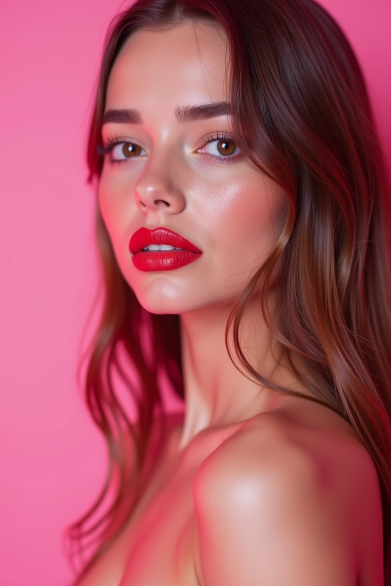 




pretty woman, graphics interesting creative effect, pink-background only, light skin, red cheeks, , pink lips, glossy shiny reflective lips, long straight hair, looking aside