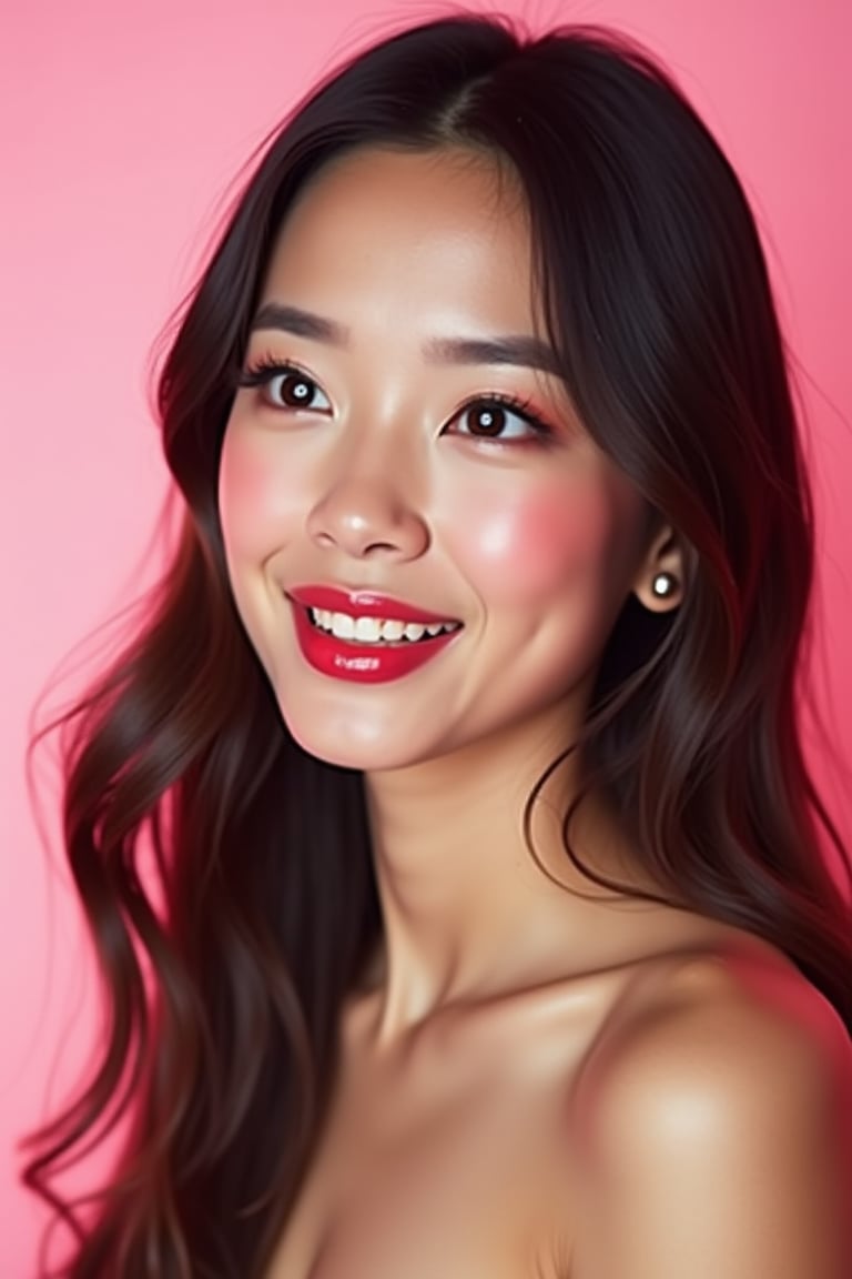 




pretty woman, graphics interesting creative effect, pink-background only, light skin, red cheeks, , pink lips, glossy shiny reflective lips, long straight hair, looking aside