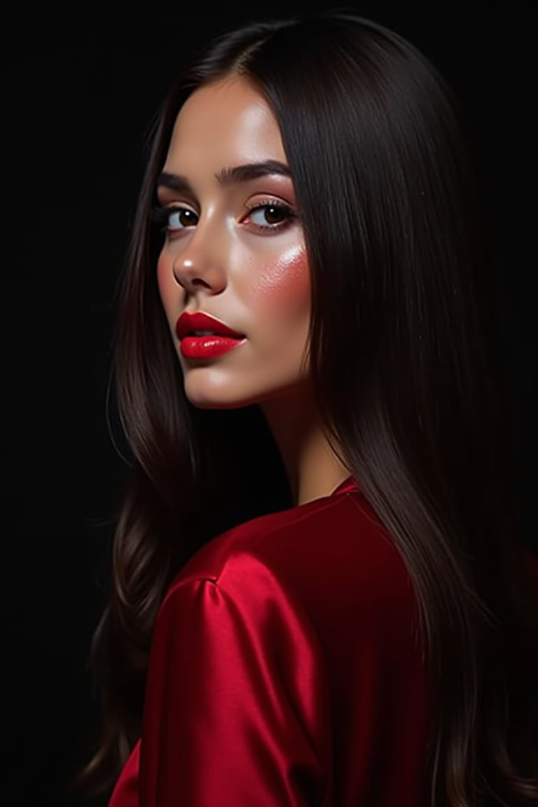 




pretty woman, graphics interesting creative effect, black dark red color theme, light skin, red cheeks, , pink lips, glossy shiny reflective lips, long straight hair, looking aside