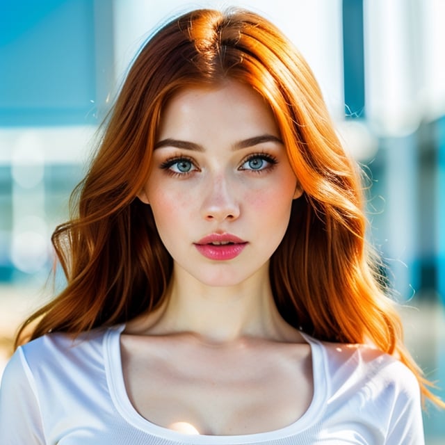 woman, beautiful face, perfect face, colorful eyes fully redhead ginger hair, pale white skin, sexy marks, perfect, fully white abstract background, shiny blue accessories, blue theme, best quality, clear texture, details, canon eos 80d photo, light makeup, (very big boobs in tight shirt: 1.0)