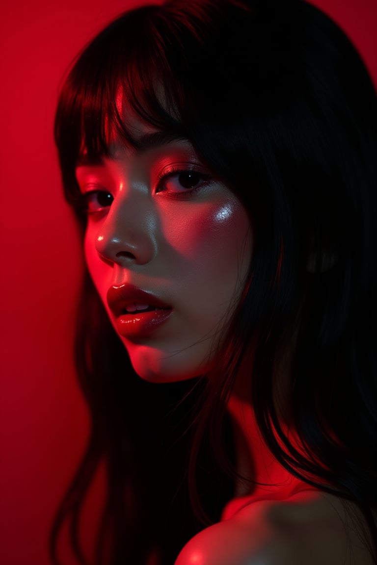 




pretty woman, graphics interesting creative effect, black dark red color theme, light skin, red cheeks, , pink lips, glossy shiny reflective lips, long straight hair, looking aside