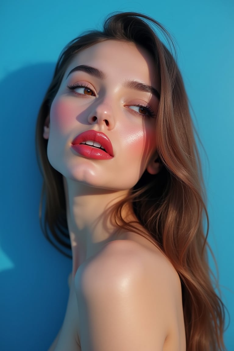 




pretty woman, graphics interesting creative effect, blue-background only, light skin, red cheeks, , pink lips, glossy shiny reflective lips, long straight hair, looking aside