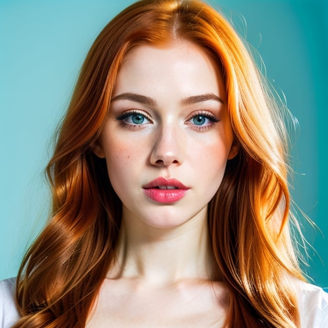 woman, beautiful face, perfect face, colorful eyes fully redhead ginger hair, pale white skin, sexy marks, perfect, fully white abstract background, shiny blue accessories, blue theme, best quality, clear texture, details, canon eos 80d photo, light makeup, (very big boobs in tight shirt: 1.0)