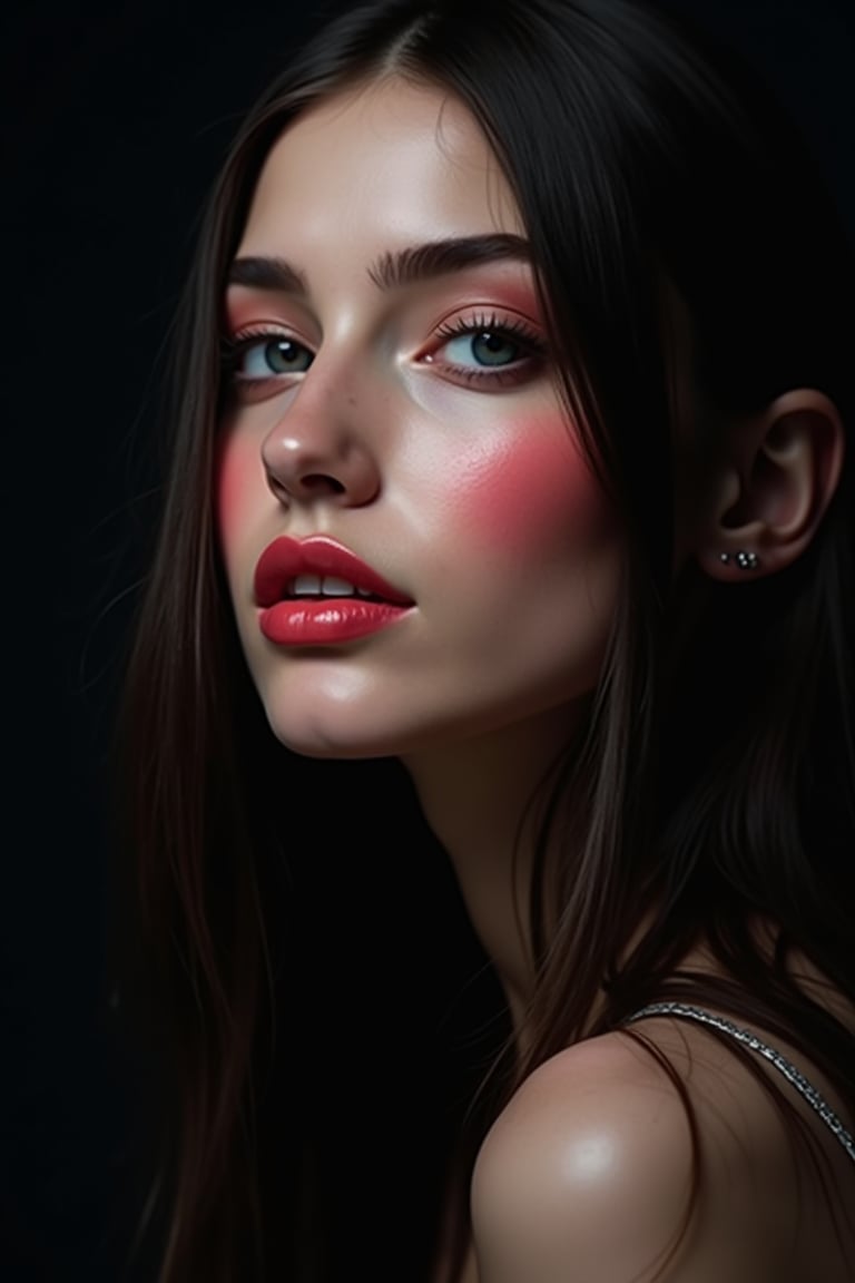 




pretty woman, graphics interesting creative effect, black dark color theme, light skin, red cheeks, , pink lips, glossy shiny reflective lips, long straight hair, looking aside