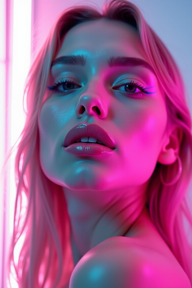 





pretty woman, graphics interesting creative effect, white background neon lights, pink lips, glossy shiny reflective lips, long straight hair, snow white skin