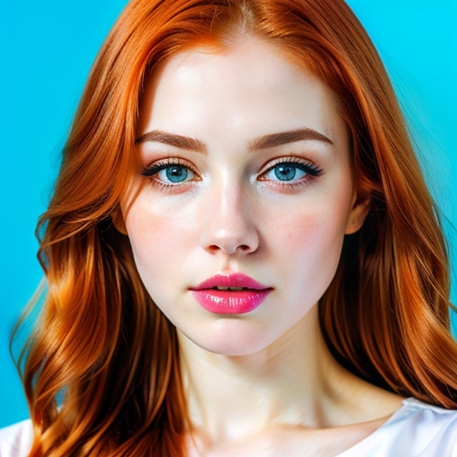 woman, beautiful face, perfect face, colorful eyes fully redhead ginger hair, pale white skin, sexy marks, perfect, fully white abstract background, shiny blue accessories, blue theme, best quality, clear texture, details, canon eos 80d photo, light makeup, (very big boobs in tight shirt: 1.0)