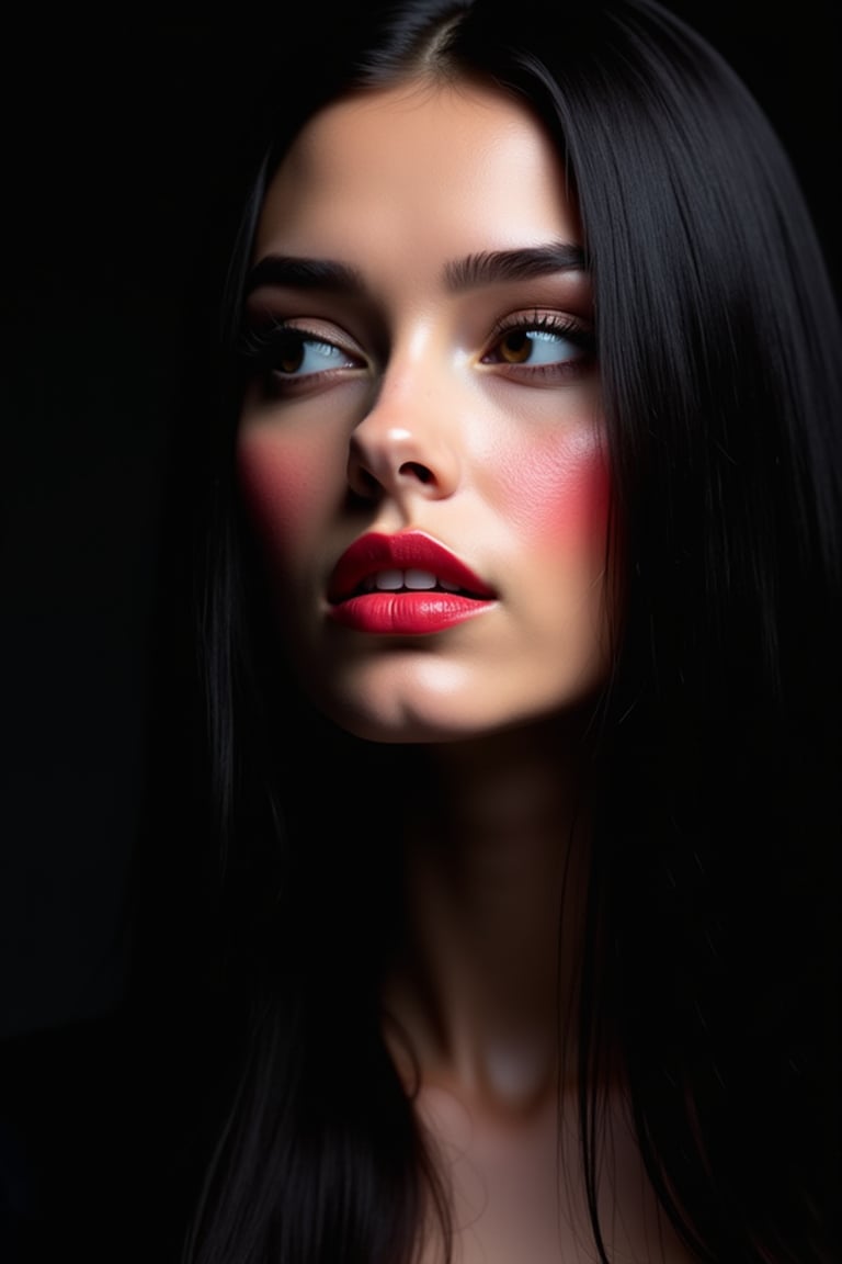 




pretty woman, graphics interesting creative effect, black dark color theme, light skin, red cheeks, , pink lips, glossy shiny reflective lips, long straight hair, looking aside