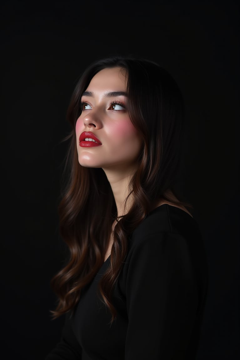 




pretty woman, graphics interesting creative effect, black dark color theme, light skin, red cheeks, , pink lips, glossy shiny reflective lips, long straight hair, looking aside