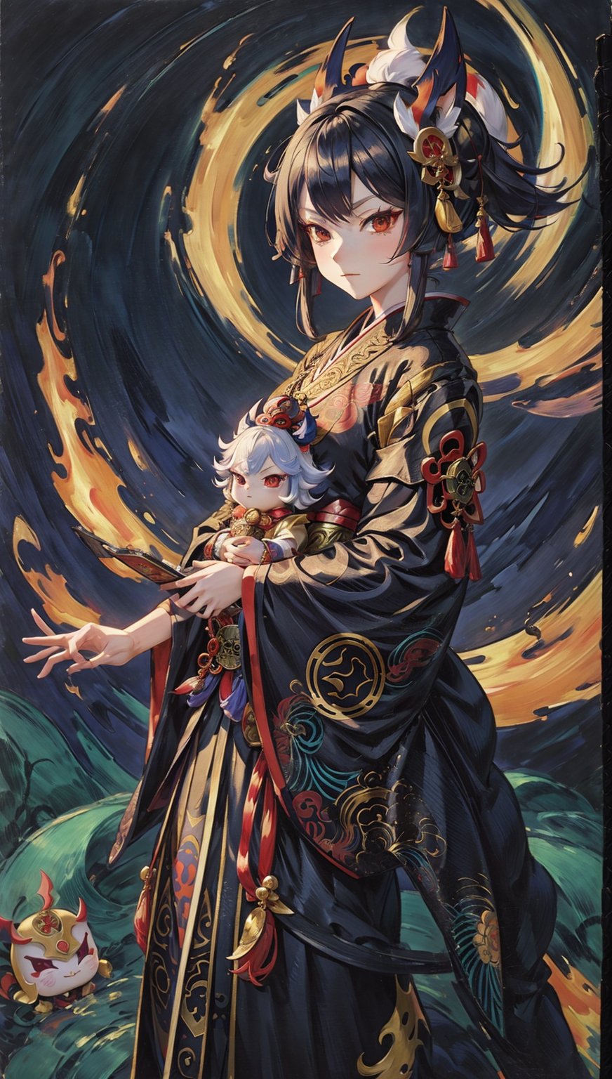 masterpiece, best quality,onmyoji, ((group of yo-kai)), Baku Yumemakura's novel , detailed, standing , windy, at night, onmyoji pose,kaede,huoshen,phgls, 1girls