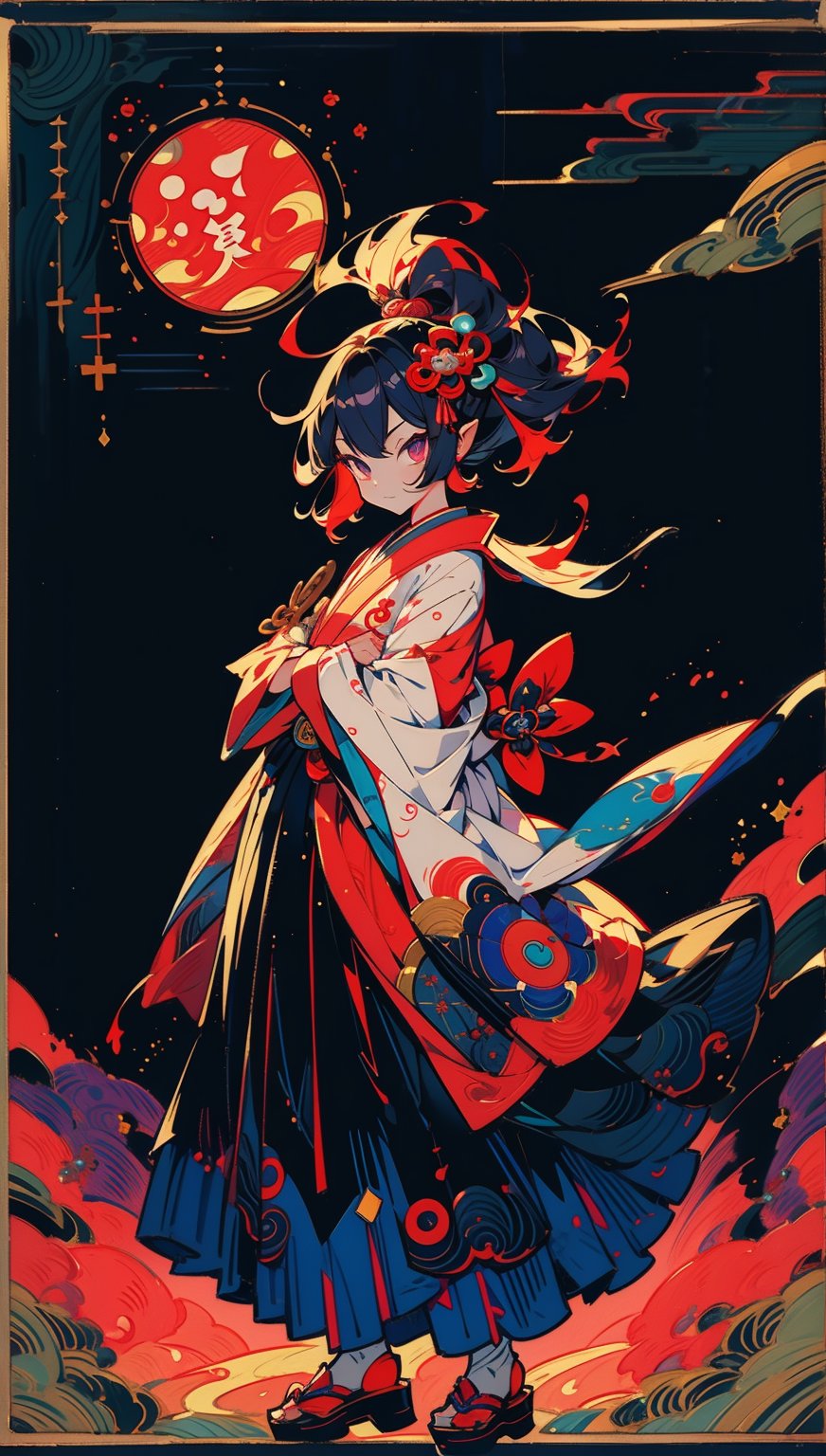 masterpiece, best quality,onmyoji, ((group of yo-kai)), Baku Yumemakura's novel , detailed, standing , windy, at night, onmyoji pose,kaede,huoshen,phgls, 1girls,portrait