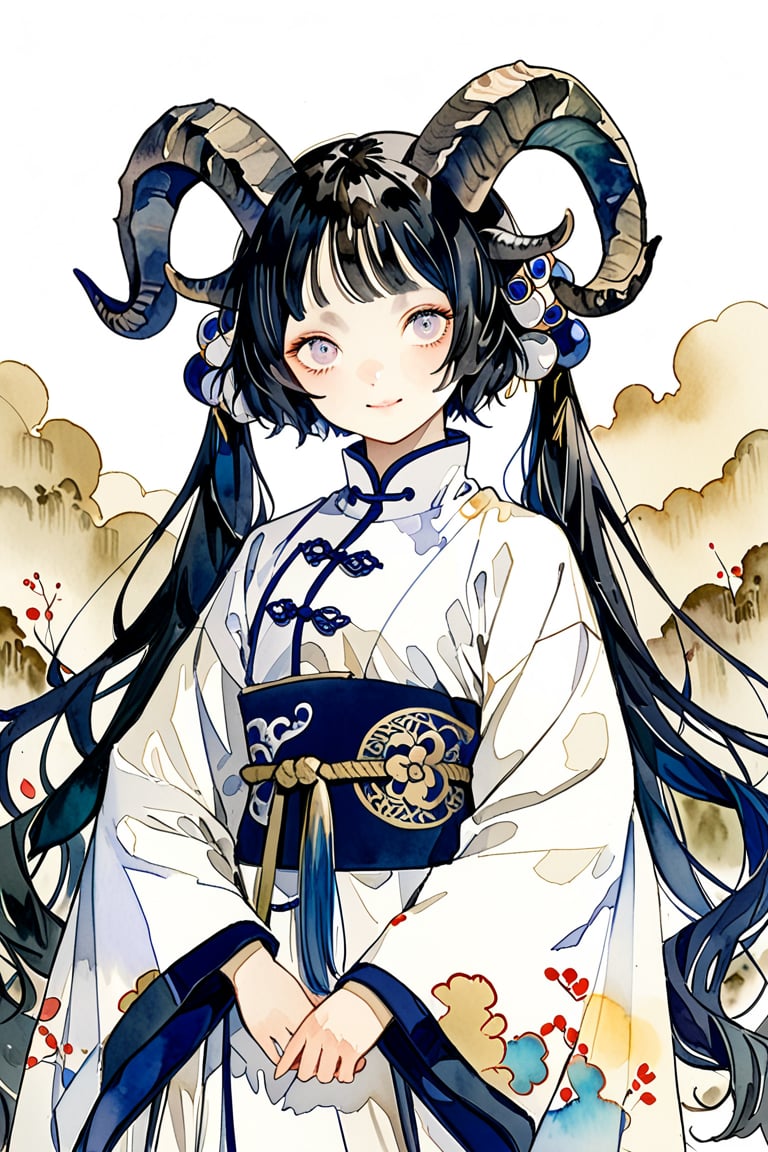 masterpiece, best quality, aethetic,warrior,Chinese Zodiac,Chinese style,a frail Goat girl,Goat,Torso shot,goat horns,white twintails,soft and fluffy, 1 girl, most beautiful korean girl, stunningly beautiful girl, gorgeous girl, 20yo, over sized eyes, big eyes, smiling,hanni,watercolor \(medium\)
