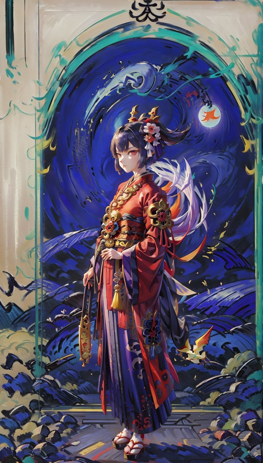 masterpiece, best quality,onmyoji, ((group of yo-kai)), Baku Yumemakura's novel , detailed, standing , windy, at night, onmyoji pose,kaede,huoshen,phgls, 1girls