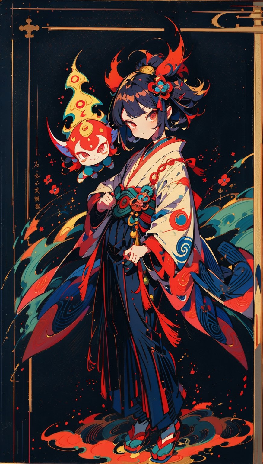 masterpiece, best quality,onmyoji, ((group of yo-kai)), Baku Yumemakura's novel , detailed, standing , windy, at night, onmyoji pose,kaede,huoshen,phgls, 1girls,portrait